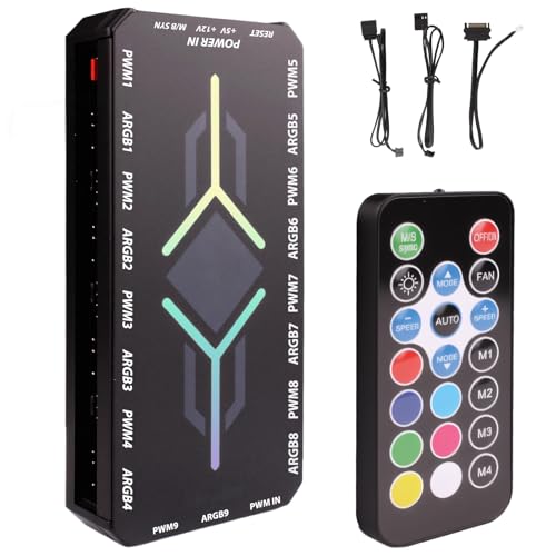 2 in 1 ARGB Fan Hub with Remote Controller, 9-Port 4-Pin PWM Fan Splitter & 9 x 5V 3-Pin ARGB Headers, Magnetic Base PC Hub With RGB Controller for Case Fans, Adjustable Speed, with SATA Power cable