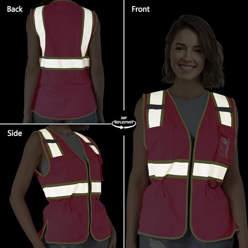 Image of FATONE Women's ANSI Class 2 High-Vis Safety Vest with Reflective Strips, Zipper Pockets & Adjustable Waist - Pink /Yellow Construction Work Vest for Warehouse Personnel, Road Crews XS