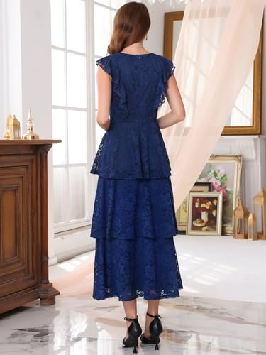 Women's Lace Dress for Wedding Guest Cocktail Evening Ruffle Cap Sleeves Tiered A-Line Maxi Dresses4