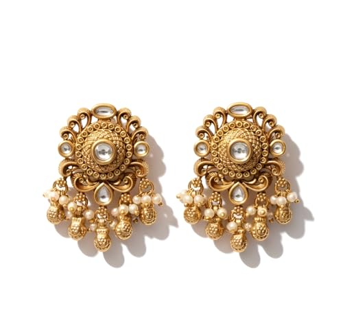 Image of Sayda JewelsGold Plated Antique Traditional Jhumka Earring Indian ethnic Temple design studs Chandbali Style Bridal, Wedding & Festive Jewellery For Women & Girls