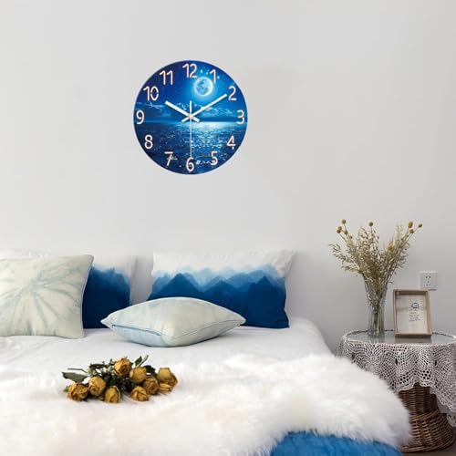 Image of Large Blue Moon Wall Clock Battery Operated 24 Inch Silent | Non Ticking Modern Glass Nature Decorative Round Analog Clock for Living Room Bedroom Kitchen