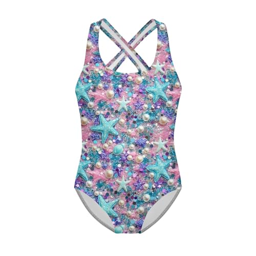 Girls One Piece Swimsuit 3D Sequin Glitter Cross Back Quick Dry Sparkly Bathing Suit for Beach Pool 5-14Y