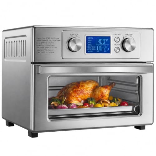 DUMOS Air Fryer Toaster Oven Combo, 23QT Toaster Ovens Countertop, 180–450°F Adjustable Temp, 60-Min Auto-Off Timer, 4-in-1 Air Fry, Toast, Broil & Bake, Stainless Steel, Accessories Included