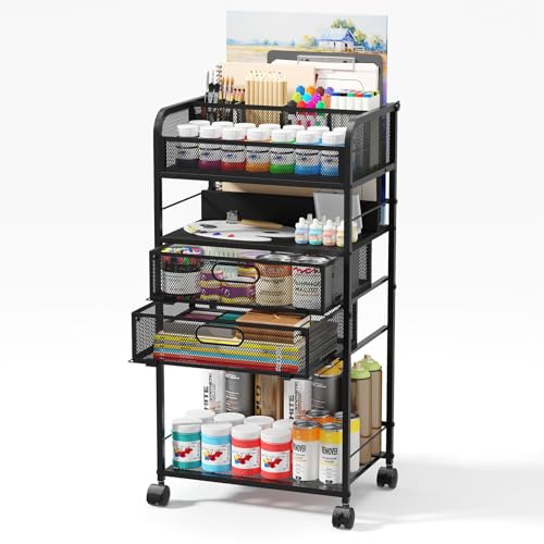 Homsorout Carrello a 3 ripiani, in metallo, con cassetto portaoggetti e ruote, versatile organizer per progetti artistici e artigianali, per casa, ufficio o studio, ideale per riporre pennelli