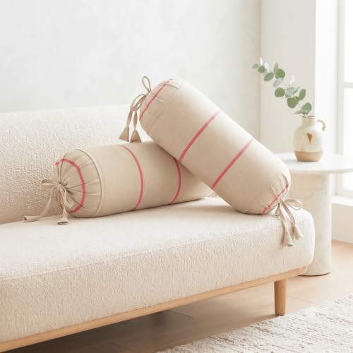 Image of SAJAVAT HOME 100% Cotton Striped Bolster Cover Pack of 2 15x30 | Textured Round Side Pillow Covers for Sofa, Bed & Diwan | Soft Breathable Bolster Pillow Covers | Beige with Red Pinstripe