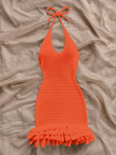 Image of GORGLITTER Women's Vacation Outfit Crochet Halter Knit Bubble Mini Dress Sexy Beach Cruise Summer Miami Resort Outfits