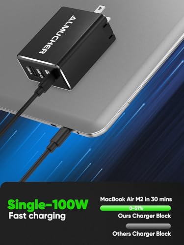 130W USB C Charger Block, 3 Port GaN Foldable Compact Fast Wall Charger, Single Port 100W USB C Charger Power Adapter for MacBook Pro/Air, iPhone15 Pro, iPad Pro, Samsung Galaxy,Pixelbook (Black