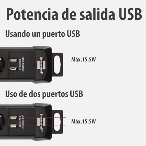 Regleta Brennenstuhl negra de 6 tomas corriente con carga USB y cable 3m 6