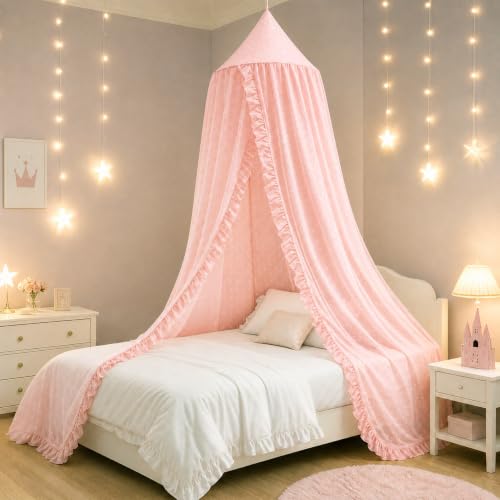 Mengesi Bed Canopy with Pom Pom- Lace Chiffon Canopy Bed Curtains Ruffles Princess Reading Nook Play Tent for Girls Room (Beige Pink)