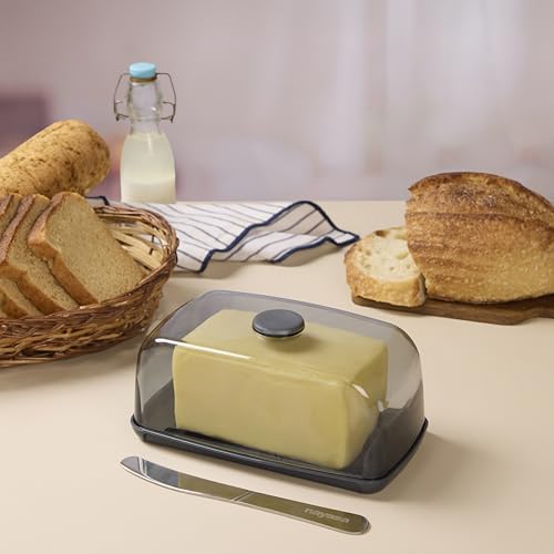 Image of Nayasa Smart Transparent Butter Dish with Lid & Butter Knife | BPA-Free Food Grade Plastic Butter Storage Container | Easy to Clean Butter Keeper for Butter, Cheese & Table Serving | Grey