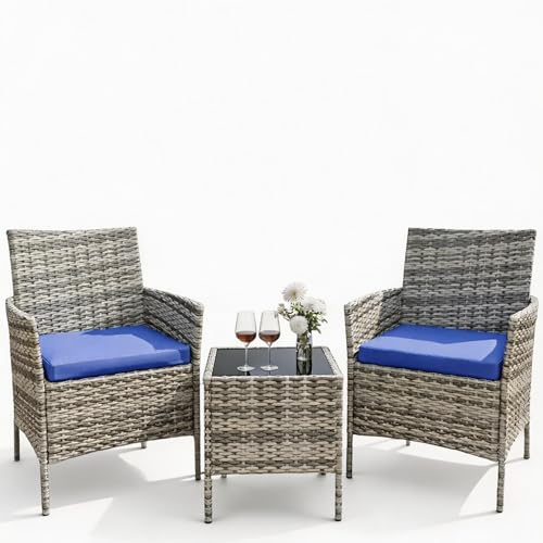 GarveeLife 3 Pieces Patio Furniture Set, Outdoor Furniture Sets with Cushions and Tempered Glass Table for Porch & Garden, Gray Gradient Wicker/Blue C