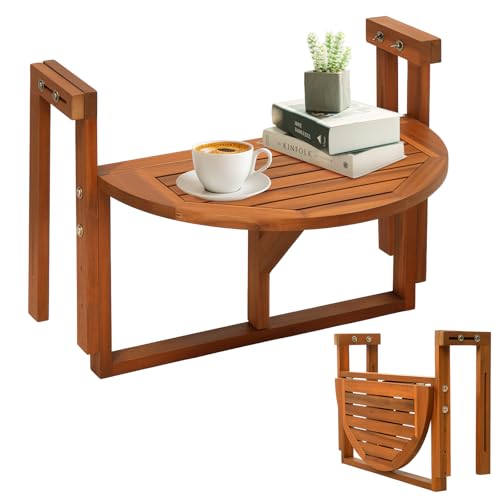 VINGLI Acacia Wood Folding Balcony Hanging Table – Adjustable Height...