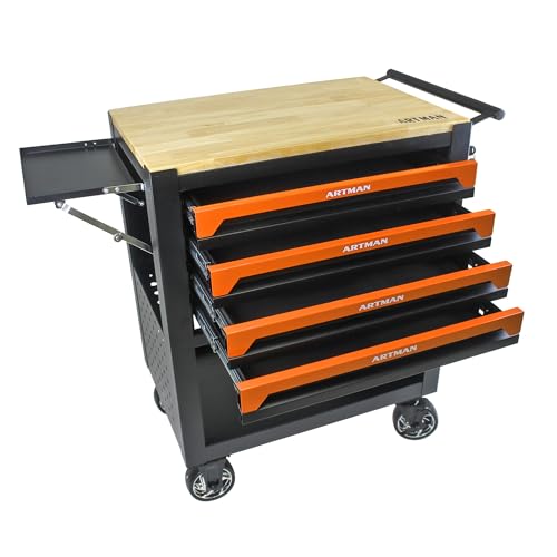 JOYBASE Rolling Tool Chest with 4 Drawers & Wood Top, Heavy Duty Steel Tool Cart on Wheels, Mobile Garage Organizer & Storage Cabinet for Workshop & Mechanic (Black & Orange)