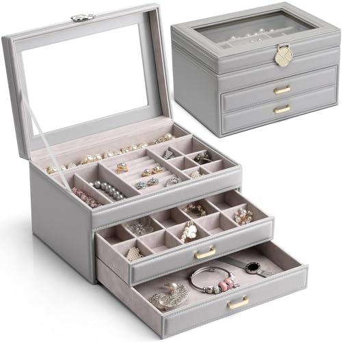 Vlando Jewelry Box 4-Tier,Jewelry Boxes & Organizers with Handle,3 Drawers Travel Jewelry Case with Mirror,Jewelry Storage,Earrings Necklace Rings Christmas Gift for Women Girl Purple A.Purp