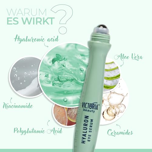Victoria Beauty Hyaluron Augenserum, Kühlendes Augen Roll-On, Augenroller mit Hyaluronsäure, Ceramiden, Bio Aloe Vera und Niacinamide gegen Falten und Augenringe, Anti Aging Augenpflege, 15ml