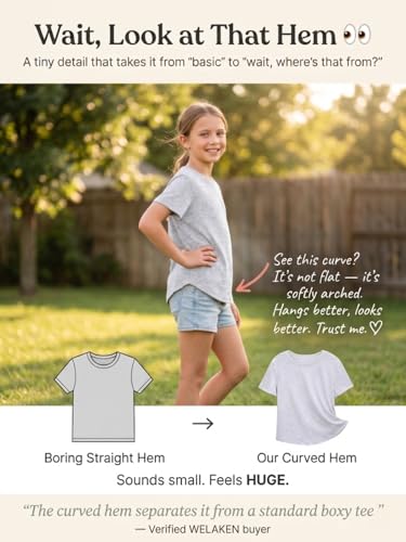 Image of WELAKEN Girls Soft T-Shirt with Curved Hem, Breathable Stretchy Rayon Crewneck Short Sleeve Tees, Kids Everyday Basic Top