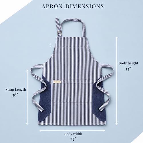 Image of Kitchen Apron - 100% Cotton, Adjustable Neck strap, Large Pocket - Unisex Apron for Men & Women - Cooking, Baking, BBQ, Gardening - Solid Colours, Striped and Checkered Patterns