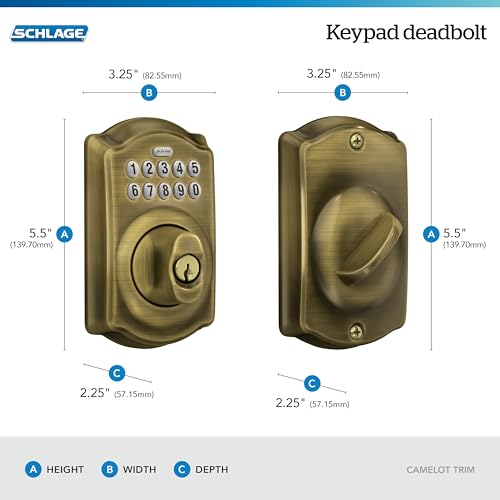 Image of Schlage Camelot Electronic Keypad Deadbolt Lock, Keyless Front Door Entry, Mechanical Key Backup Included, Antique Brass, BE365 CAM 609