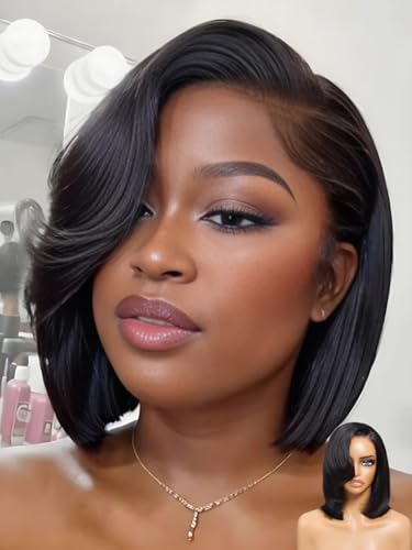 Image of Sunber Layered Bob Drawstring Wig Human Hair with Side Swept Bangs Pre Cut 7x5 HD Lace Front Bye Bye Knots Glueless Wigs Put and Go Human Hair Pre Plucked Bleached Invisible Knots Read to Wear 10Inch