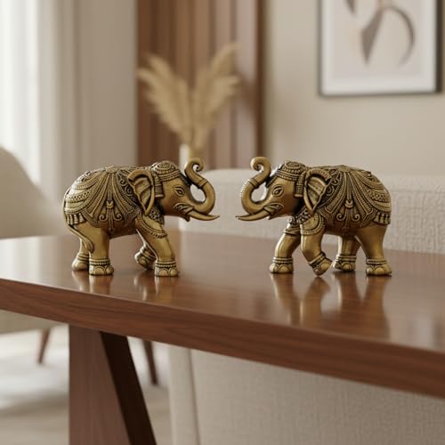 Image of eCraftIndia Set of 2 Brass Elephant Statue Decorative Showpiece Gift for Diwali Housewarming Birthday (1.75 inch)