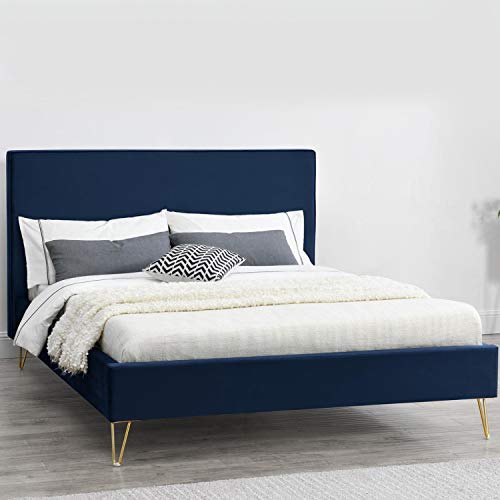 CONCEPT USINE - Lit Riverside Double en Velours Bleu avec Sommier à Lattes 2 Places Intégrés - Couchage 140 x 190 cm - Cadre de Lit Scandinave Tendance 2...