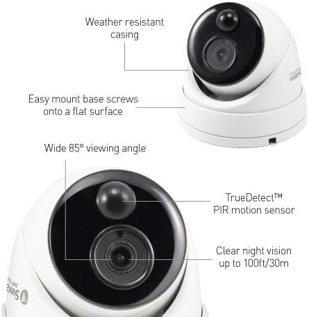 Diagram of Swann dome camera features: weather-resistant casing, easy mount base, 85-degree viewing angle, TrueDetect PIR motion sensor, clear night vision up to 100ft/30m