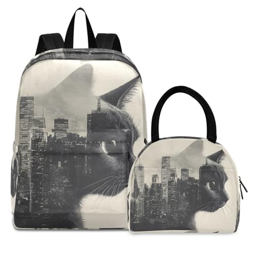 City and Cat Print Backpack Set with Lunch Bag, Large Capacity Travel Backpacks and Lunch Box Insulated for Commute Hiking Picnic