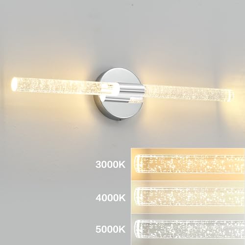 Image of Chrome Wall Sconce, 26'' Crystal Bathroom Light, LED Vanity Light, Dimmable, Over Mirror with Crystal Bubble Glass (3 Color Temperature)