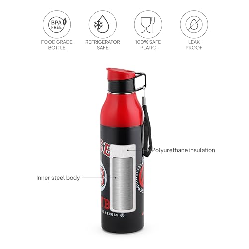 Image of CELLO Puro Steel-X Legend 600 Insulated Water Bottle 600 ml, Black | 3D Touch & Feel Super Heroes Design, Lightweight Leakproof Easy Sip Flip Cap Insulated Water Bottle For School Kids Office & Travel
