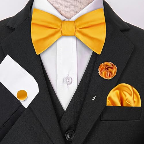 Image of Alizeal Mens 4pcs Formal Solid Bow Tie Set | Pre-tied Pocket Square Cufflinks Boutonniere for Wedding Everyday Use