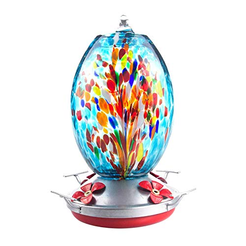 Hummingbird Feeder, Hand Blown Glass Hummingbird Feeder, Never Fade, 36 Fluid Ounces, 4 Feeding Metal Stations Garden Backyard Decorative