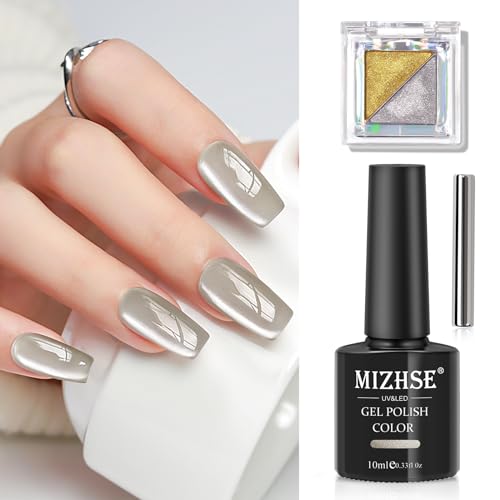 MIZHSE Cat Eye Gel Nail Polish: Grey Magnetic Gel Polish with Magnet Stick and Metallic Mirror Chrome Powder, Maillard Style Magic Effect Galaxy Shimmery Nail Soak Off Nail Art Salon