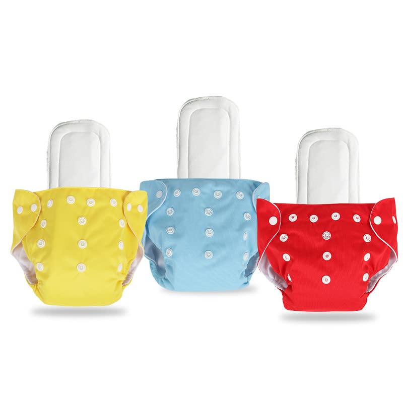Crawl'in Combo of Reusable Baby Washable Cloth Diaper Nappies with Multi Layered Micro- Fibre Baby Insert Pads (Set of 3) (Red Blue Yellow) (Assorted Colours)