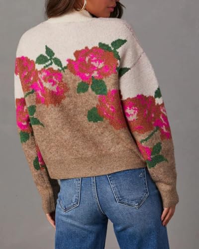 Image of Women's Flower Sweater Crew Neck Casual Long Sleeve Drop Shoulder Pullover Sweaters Knit Top