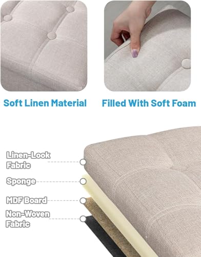 Image of AR Mall Folding Storage Ottoman, Long Shoes Sofa Bench, Fabric Linen Footrest Stool for Laundry, Storage Space, End Bed Storage Seat, Toys Organizer Bin Box with Lidded (Beige, 43X33X33 CM)