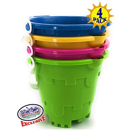 Matty's Toy Stop Beach Gear 7" Plastic Castle Mold Sand Buckets (Pails) with Easy Pour Spout and