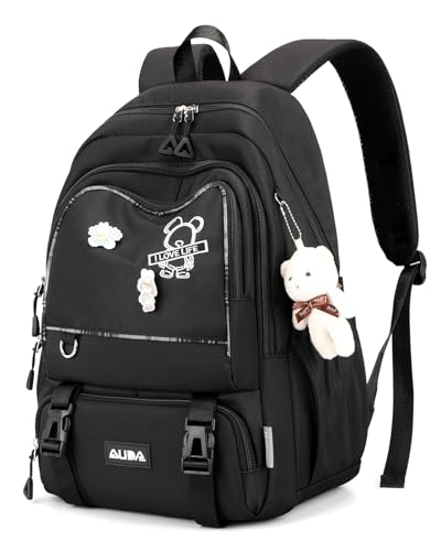 Amythe Schulrucksack Teenager Mädchen Rucksack Schule Groß Girls School Bag Wasserdicht Lässiger Daypack für Grundschule, Sekundarstufe und Universität -Schwarz