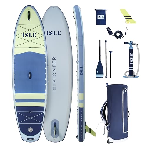 ISLE Pioneer 3.0 Inflatable Stand Up Paddle Board, Incl. Straight Leash, Touring Fin, Backpack, Hand Pump, Paddle - Beginner Friendly SUP - 40x17x16 in -max. 285 lbs - Ice/Lumin/Slate