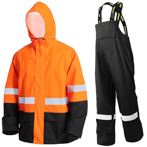 Mens Hi Vis PRO Workwear Waterproof 3-Piece Heavy Duty PU Reflective Rain Jacket Hoodie & Bib Pants for Work and Safety(Hi-Vis/Fluo Orange/Black Large)