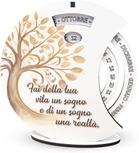 Bomboniera Calendario Perpetuo Albero della Vita in Legno con Frase fai della tua vita un sogno, Bomboniera per Battesimo Comunione Cresima Matrimonio, Scatola Inclusa (Standard 11 cm)