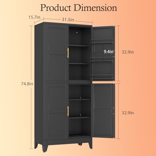 Image of Black Pantry Storage Cabinet, 75 inch Kitchen Pantry with Doors and 3 Adjustable Shelves, Metal Freestanding Buffet Cupboards Sideboard, for Office, Home, Garage, School
