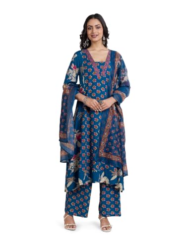Image of Amazon Brand - Myx Women's Rayon Printed Kurta Set | Regular Fit | with Palazzo & Dupatta (Available in Plus Sizes)