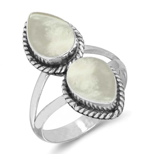 Jeweloporium Nacre Blanche Bague en Argent Superposé Taille 51, Bague en Argent .925 pour Femme, Véritable Pierre Poire Bijoux Faits à la Main