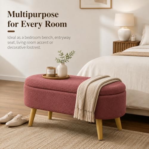 Image of Upholstered Ottoman Storage Bench, Premium Boucle Fabric, Heavy Duty 120 Kg Load Capacity, Multipurpose Seating for Living Room & Bedroom, Blush Pink