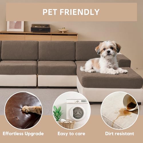 KaviKon Stretch Sectional Couch Covers, Wear Resistant L Shaped Sofa Slipcovers Washable Soft Protector Anti Slip Cover with Chaise Lounge (3PC*Seat Cushion Cover + 1PC*Chaise Cover, Leaf Coffee) — view 5