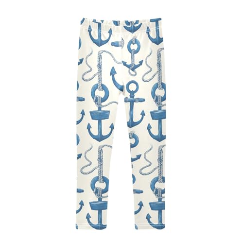 Navy Blue Striped Rope and Ocean Kids Girl's Cotton Leggings Stretchy Full Length Workout Pants Running