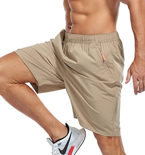 Sposulei Men's Athletic Shorts Quick Dry Lightweight Gym Running Casual 7 Inch Inseam Shorts With Zipper Pockets Khaki Small #TOP2