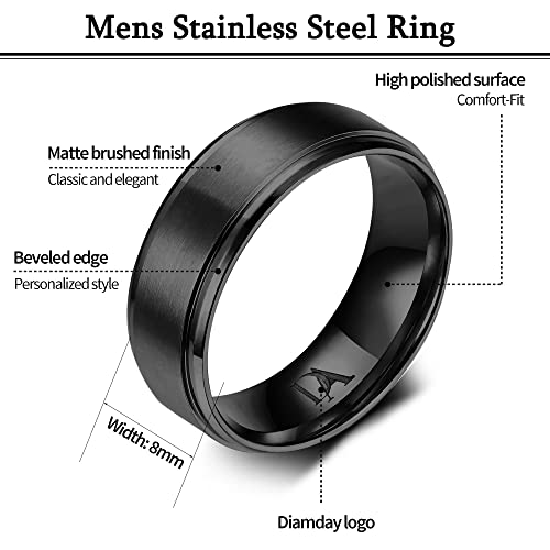 Diamday 8Mm Brushed Matte Men's Ring Stainless Steel Classic Black Silver Wedding Bands For Men Comfort Fit Size 9 #TOP1