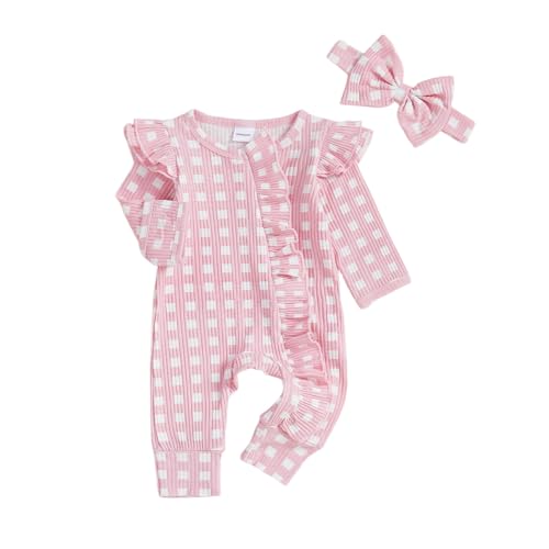 Newborn Baby Girl Clothes Ribbed Ruffle Romper Long Sleeve Zipper Onesie Jumpsuit Coming Home Outfit Girl