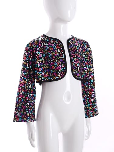 TiaoBug Girls Boys Metallic Leopard Print Long Sleeve Bolero Shrugs Wedding Party Cardigan Cheerleading Dance Tops4